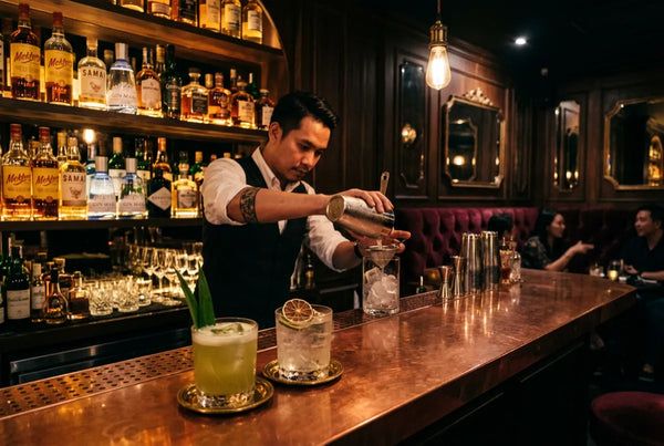 Bartender crafting cocktail in dimly lit Bangkok speakeasy bar