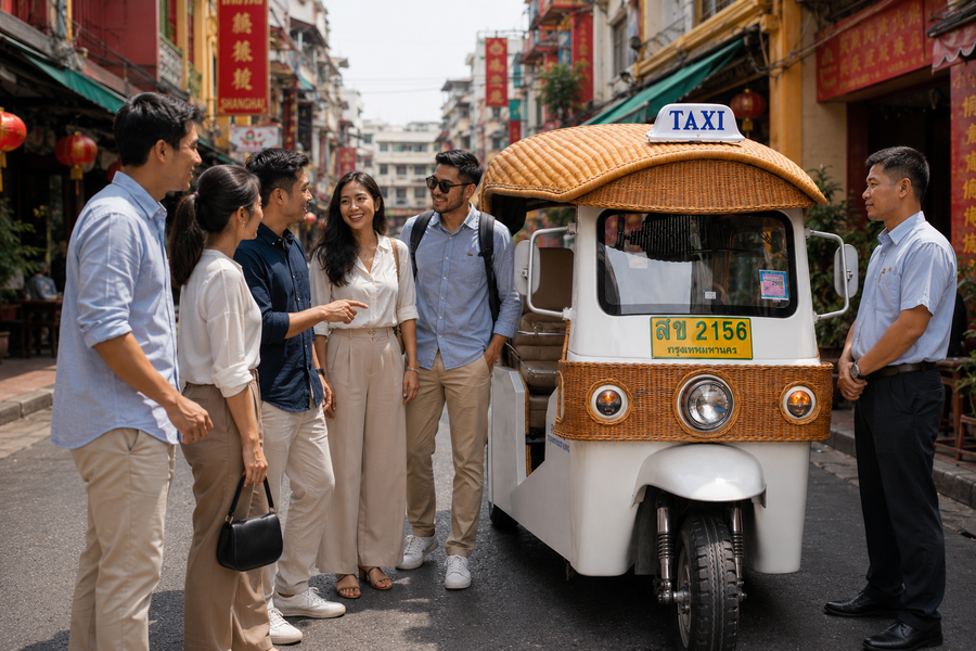 Corporate team building group gathered around a rattan-style TUK ME electric tuk tuk in Bangkok