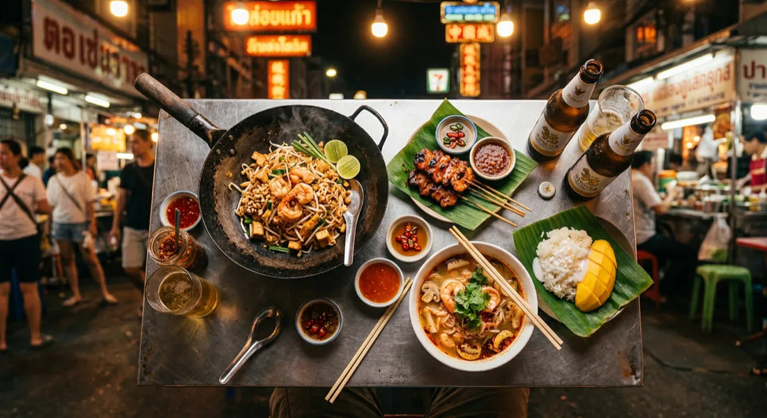 Overhead shot of Bangkok Chinatown street food spread