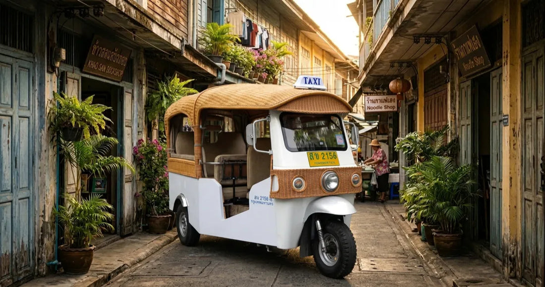 A vintage electric tuk tuk parked in a narrow Bangkok old town alley at golden hour