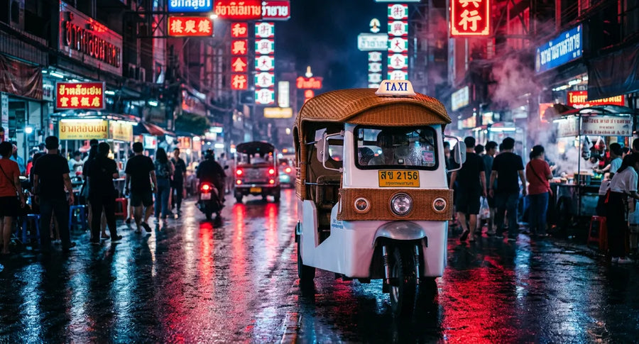 Neon-lit Yaowarat road at night with tuk tuk on wet pavement