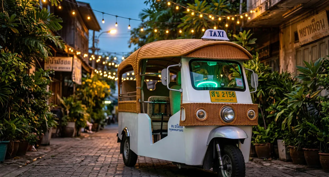 Electric tuk tuk at dusk with green LED and string lights in Bangkok alley