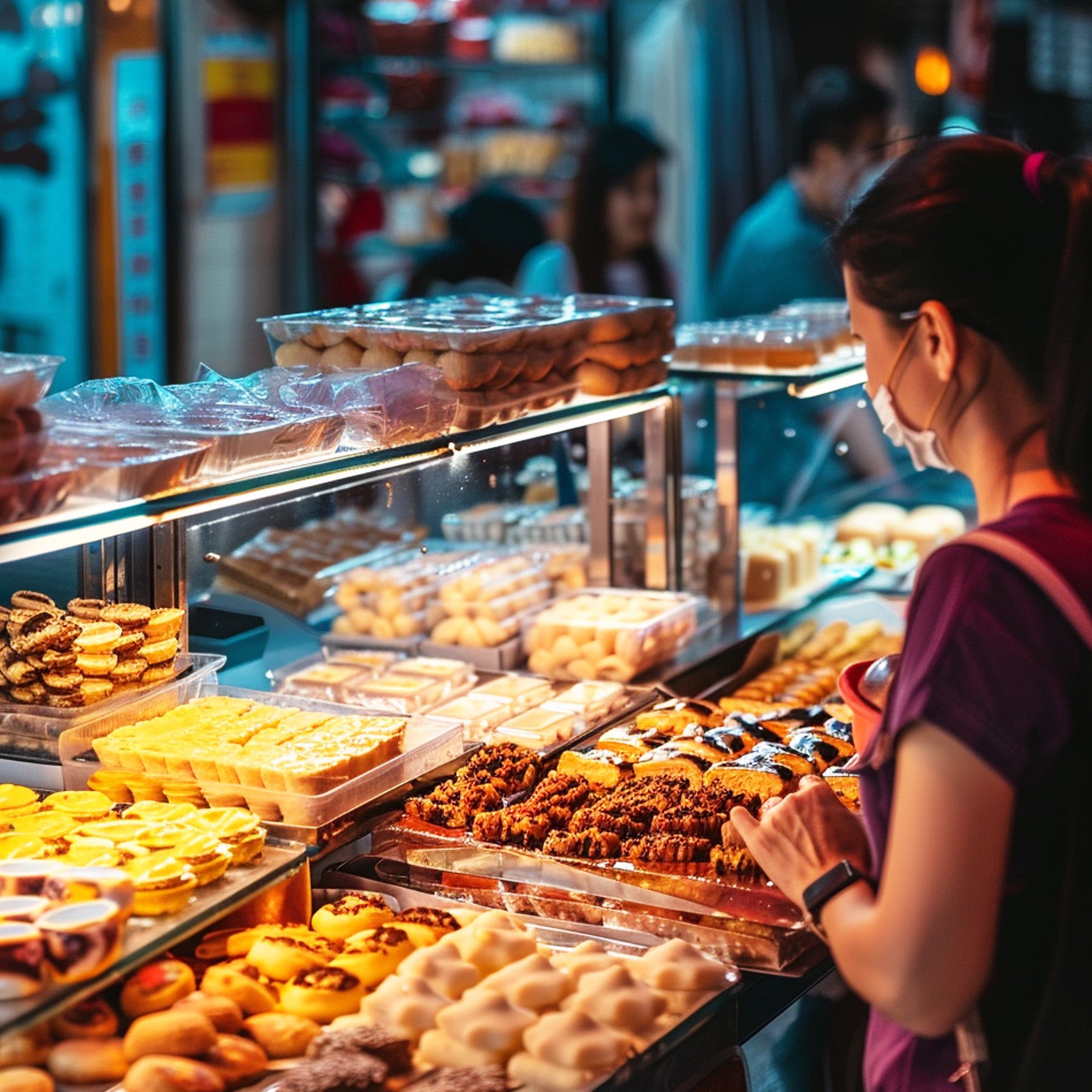 Woman selling desserts at a bakery stall in Bangkok Chinatown, sweet treats on TukMe Tuk Tuk food tours