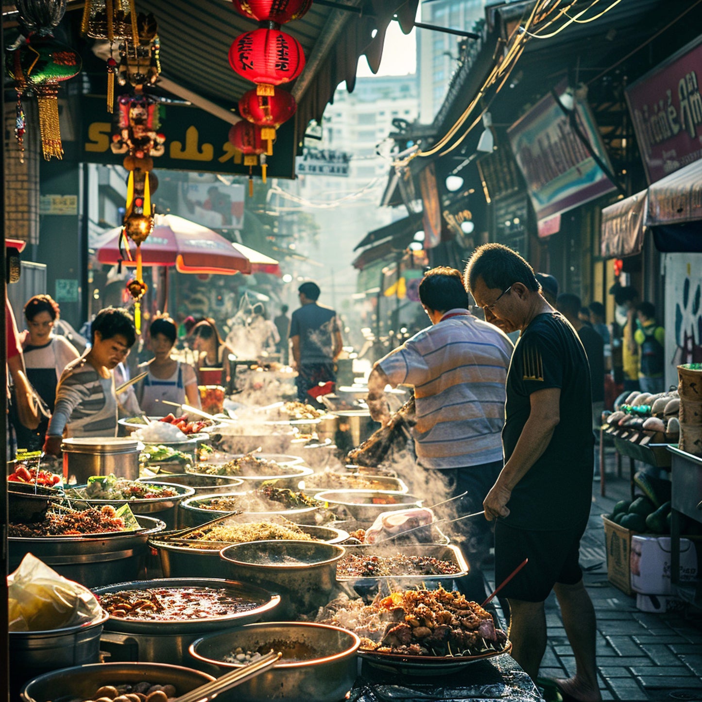 Steaming street food stalls in Bangkok Chinatown market, vibrant local flavors with TukMe Tuk Tuk tours