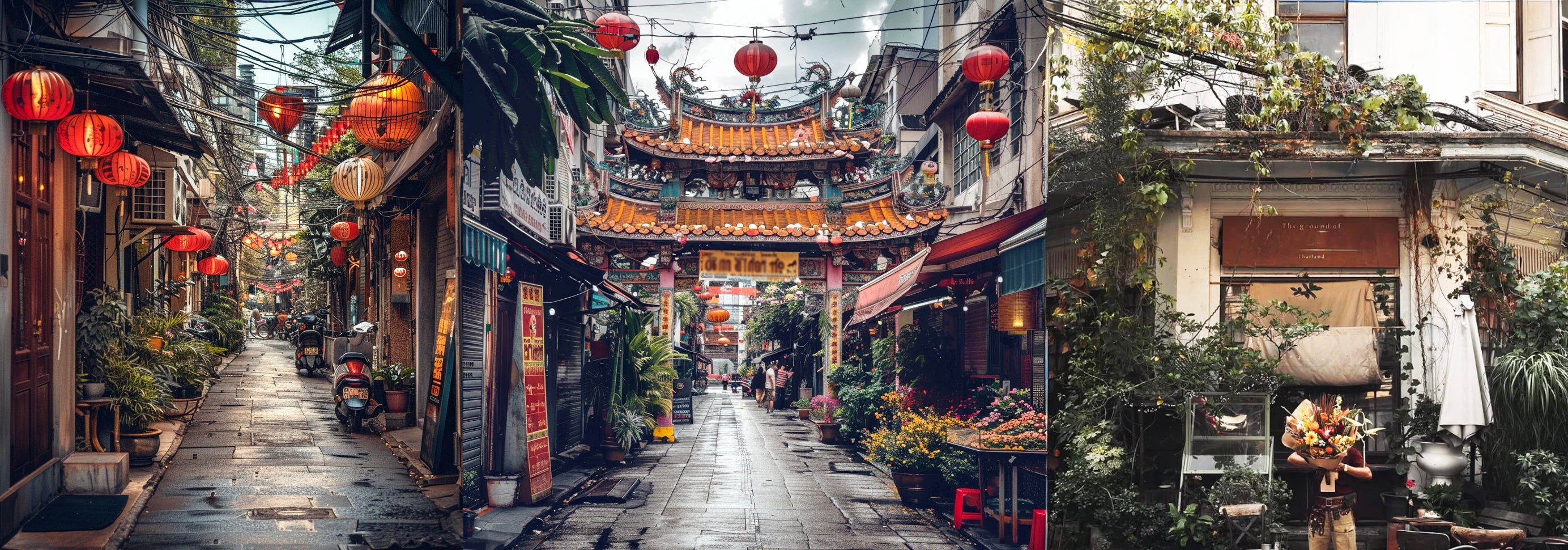 Scenic view of Bangkok's Chinatown featuring vibrant lanterns, street markets, temples, and local life on a tuk tuk tour