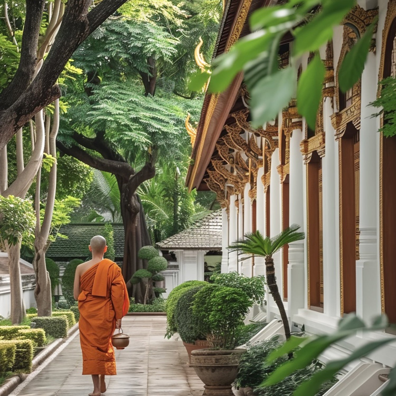 Buddhist monk walking through traditional Thai temple courtyard in Bangkok - visit sacred temples with TukMe's Sacred Corners tour