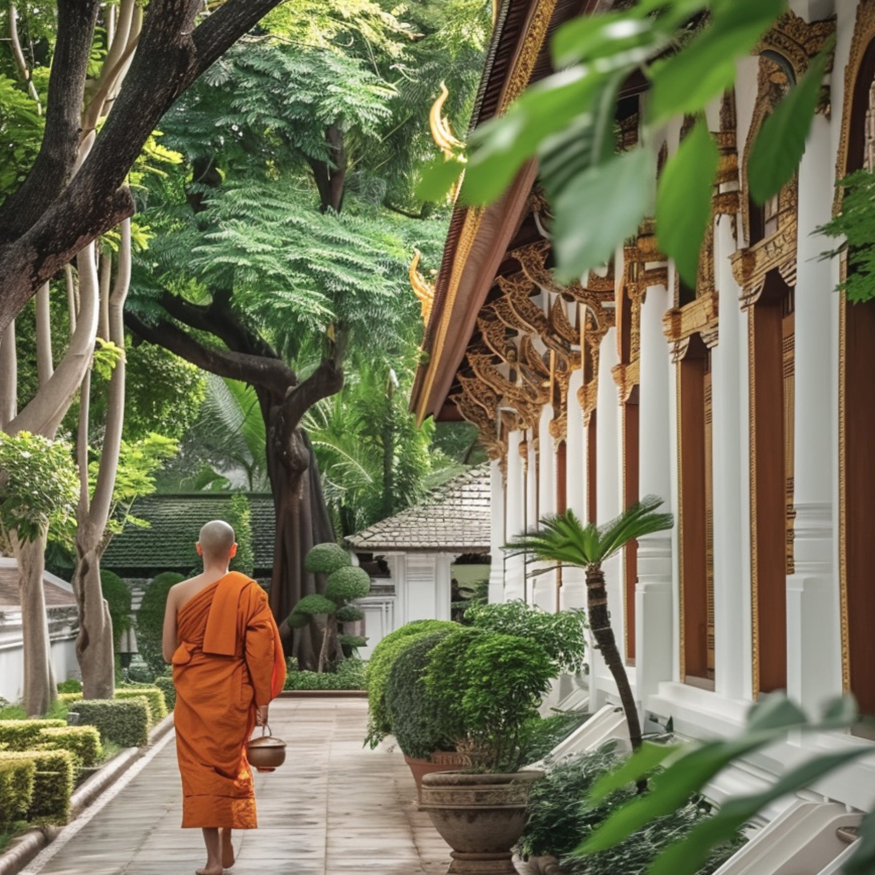 Buddhist monk walking through traditional Thai temple courtyard in Bangkok - visit sacred temples with TukMe's Sacred Corners tour