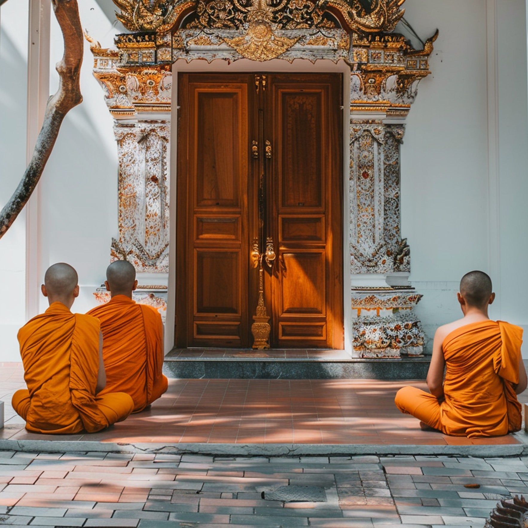 Three monks meditating in front of a decorated temple door in Bangkok, cultural tuk tuk tours with TukMe