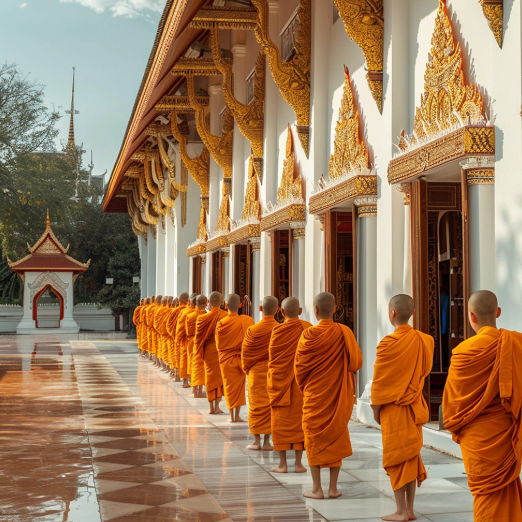 Buddhist monks in traditional orange robes walking in procession along ornate Thai temple colonnade with golden decorative elements and white pillars