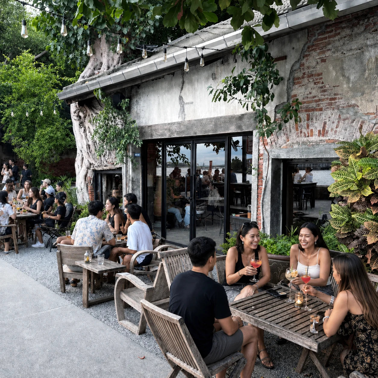 Guests at a hidden garden bar in Songwat, Bangkok Chinatown, during a TUK ME evening tuk tuk tour