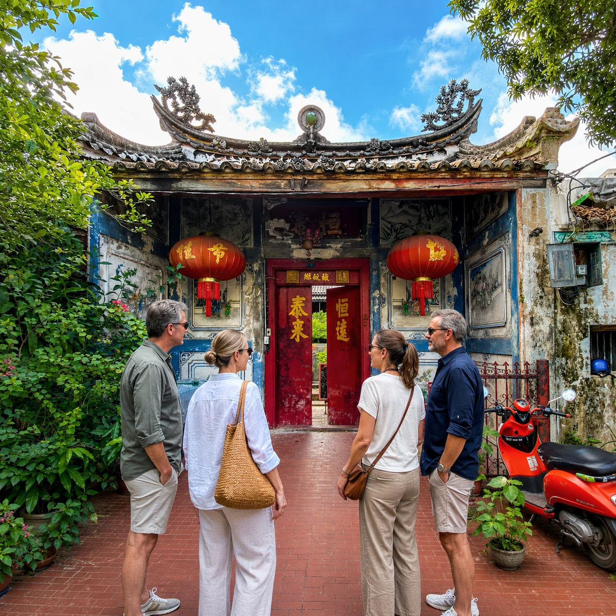 Travellers exploring a historic Chinese shrine in Talat Noi, old Bangkok Chinatown, on a TUK ME tuk tuk tour